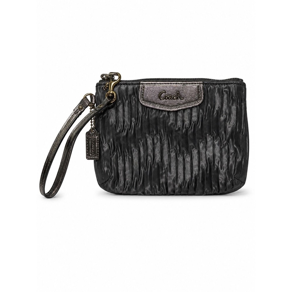 Coach Pleated Nylon Wristlet Gray Ruched Metallic Silver Trim Small Clutch Bag
